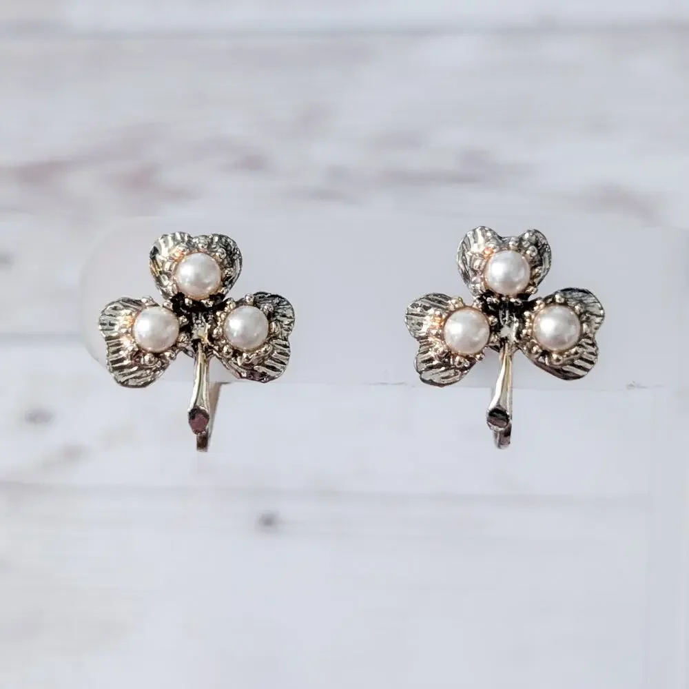 Vintage Vanco Screw On Earrings Shamrock with Faux Pearls